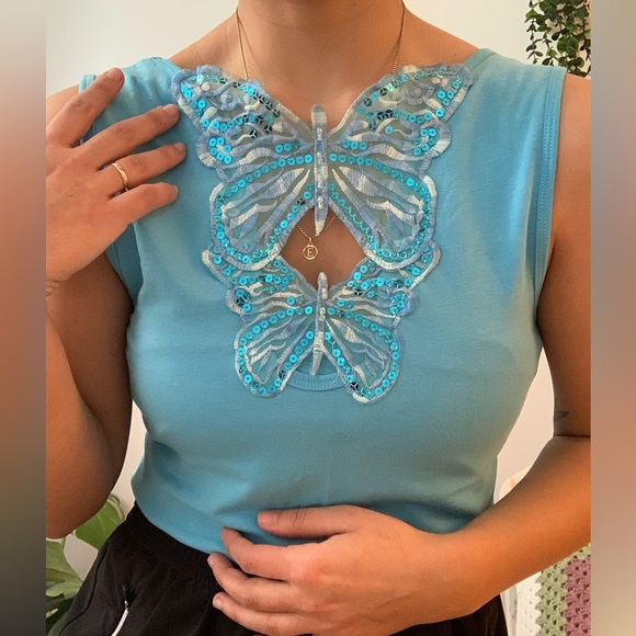 Tops - Blue Y2K butterfly tank